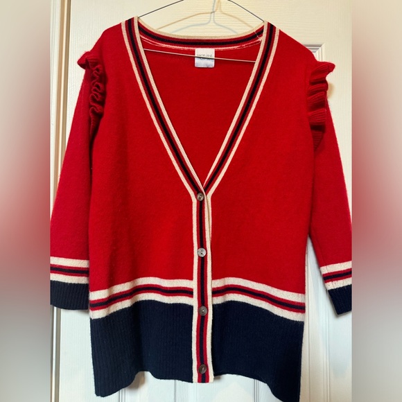 Madeleine Thompson Cashmere Ruffle Cardigan Sweater Navy/Red/White Preppy Small - Picture 2 of 6